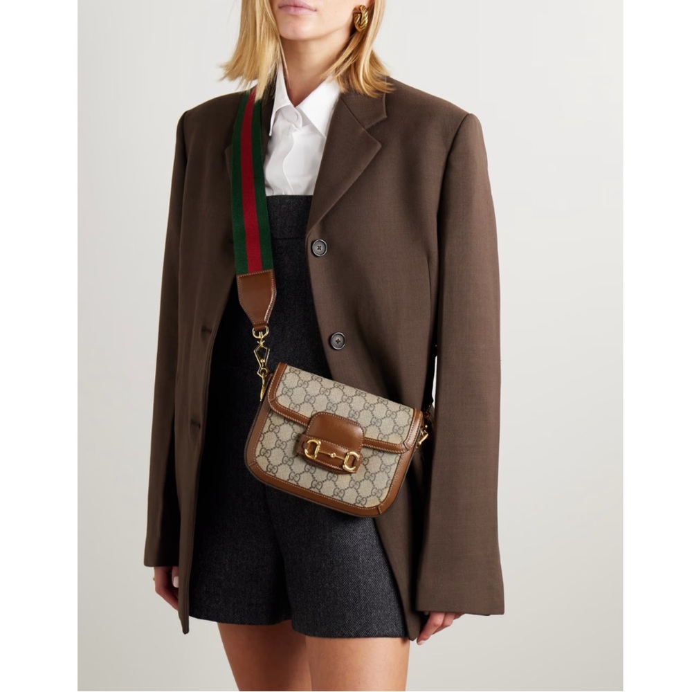NEW Gucci Horsebit 1955 Mini Leather-Trimmed Printed Coated Canvas Shoulder Bag